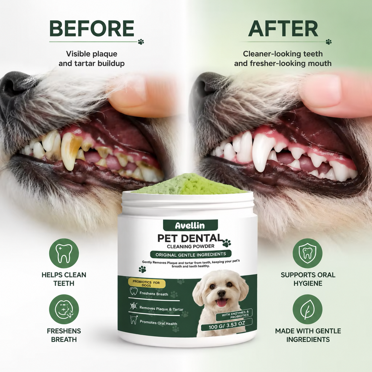 Supplier-provided before-and-after comparison of visible buildup and cleaner-looking dog teeth