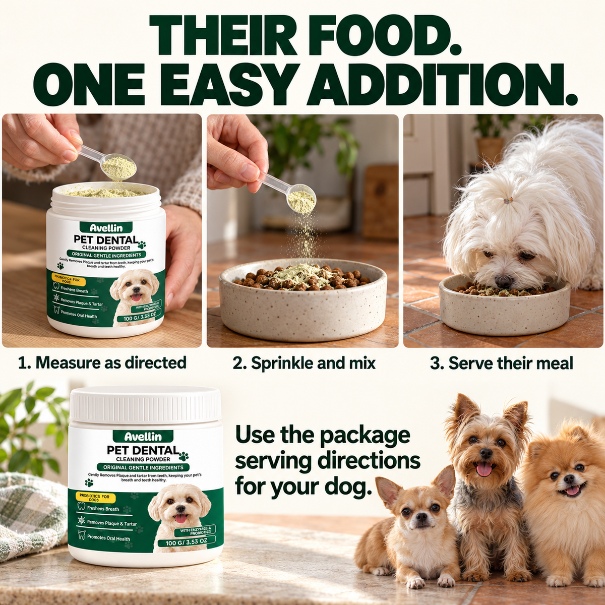 Measure as directed, sprinkle and mix, then serve a Maltese its meal