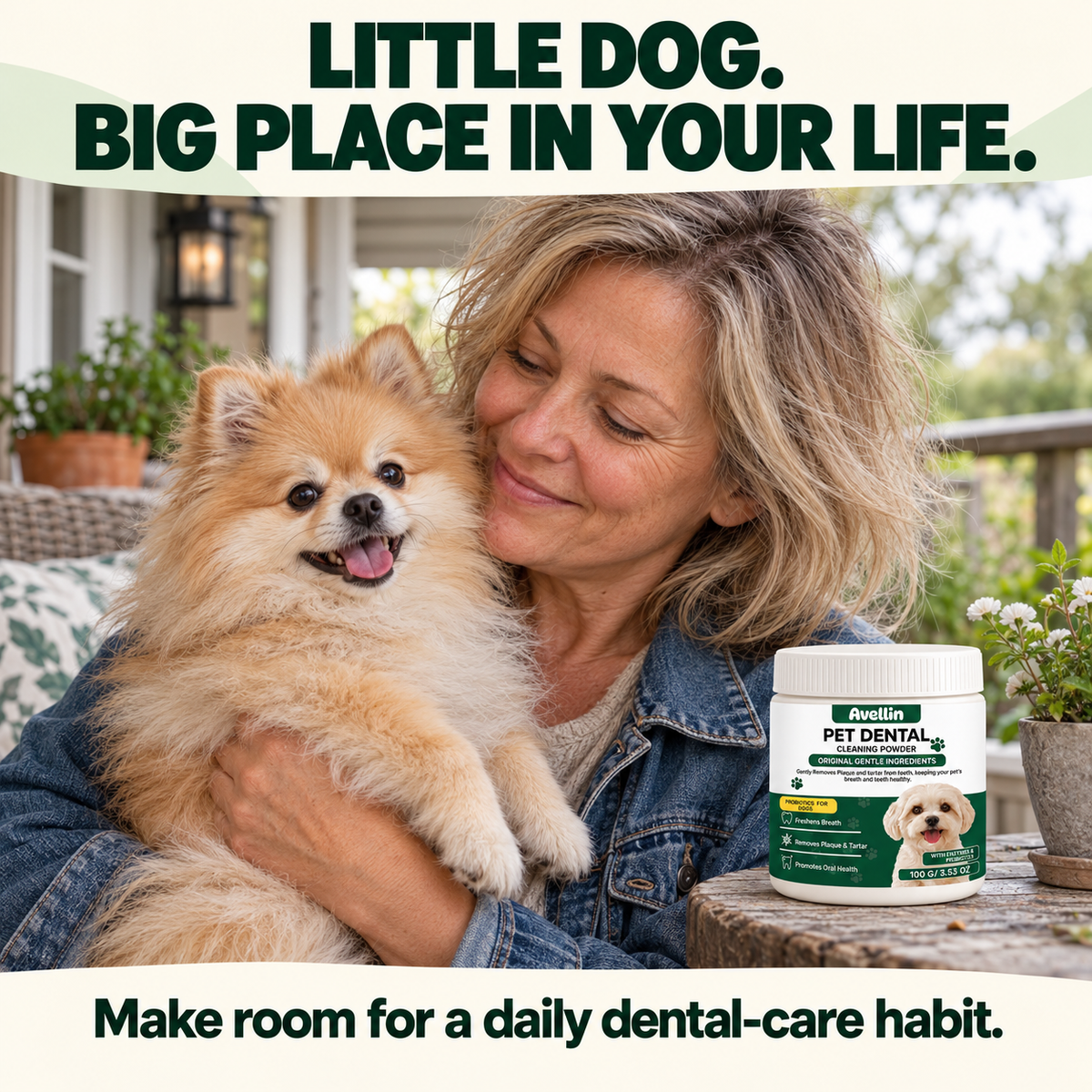 Pomeranian and owner on the porch beside Avellin Dental Powder