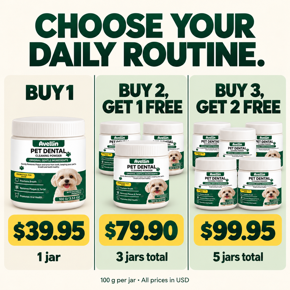 Avellin bundle options: one jar $39.95, three jars $79.90, five jars $99.95 USD
