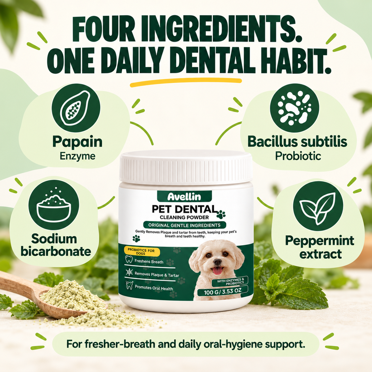 Avellin key ingredients: papain, Bacillus subtilis, sodium bicarbonate and peppermint extract